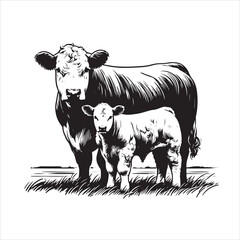 Cow, bull, cow and calf silhouette vector, drawing artwork