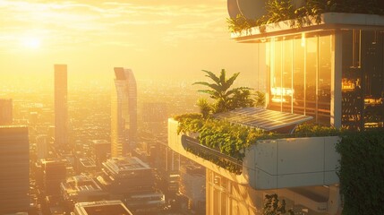 Fototapeta premium Futuristic rooftop garden overlooking sunset city.
