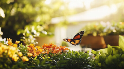 A delicate butterfly is captured mid-flight among brightly colored flowers, representing freedom and natural beauty.