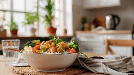 A tempting bowl of chicken stir fry alongside fresh vegetables, highlighting the joy of cooking and healthy eating.