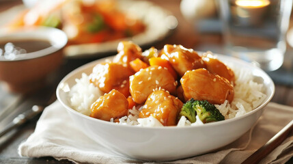 A delectable chicken rice bowl topped with sesame seeds and broccoli, delivering a perfect blend of flavors and textures.