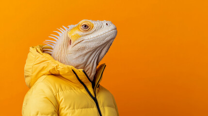 An imposing lizard confidently poses in bright yellow winter gear, set against a vivid orange background for emphasis.