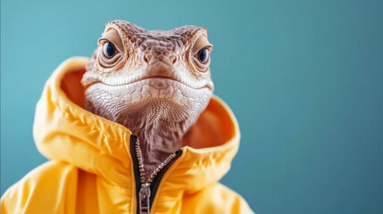 This stylish lizard wears a yellow jacket and presents a cool demeanor against a tranquil blue background.