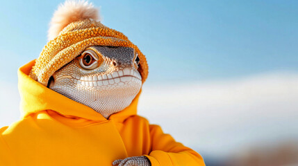 A charming lizard dons a cozy hat and a bright yellow coat, exuding confidence against a clear blue sky backdrop.