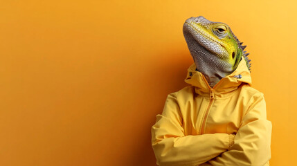 A vivid lizard poses in trendy yellow outerwear with confidence, against an attention-grabbing orange background.