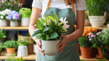 A gardener proudly displays a lush green plant, emphasizing the joy of nurturing nature in a delightful shop environment.