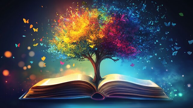 The Magical Tree of Knowledge: A vibrant, colorful tree blossoms from an open book, symbolizing the growth of imagination and the power of stories.