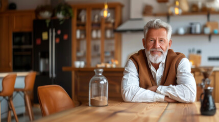 A happy older man in a cozy kitchen setting with a warm smile, showcasing the comfort of home and family connections.