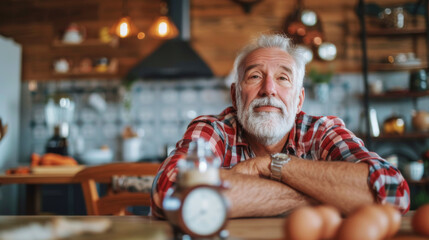 A senior man reflecting in a rustic kitchen, creating a sense of warmth, calmness, and nostalgia in a homey environment.