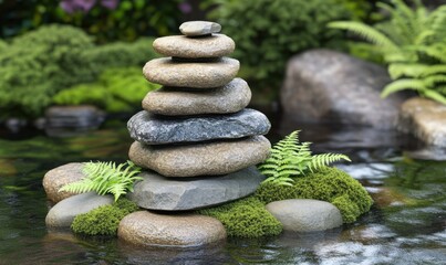 Zen stones stacked in tranquil garden pond with ferns