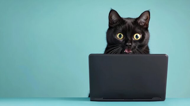 Shocked Black Cat Staring at Laptop Screen, Funny Pet Meme Concept with Copy Space for Text, Hilarious Feline Expression