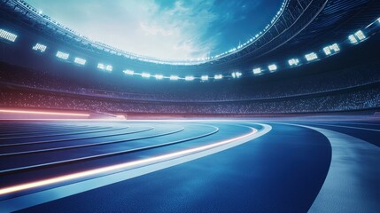 Illuminated oval race track inside a stadium at night.