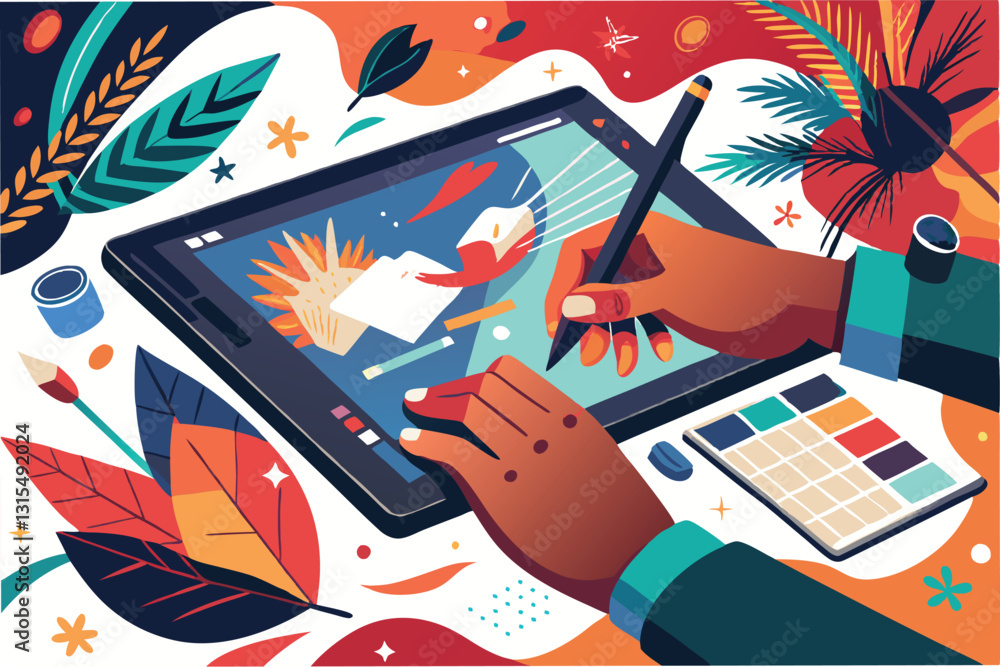 Poster digital artist creating vibrant illustrations on a tablet with colorful foliage and art tools in a c