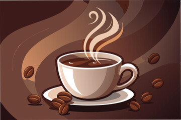 Obraz premium Hot coffee cup with steam and coffee beans on a plate in a cozy setting during morning hours