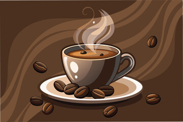 Obraz premium Hot coffee cup with steam and coffee beans on a plate in a cozy setting during morning hours