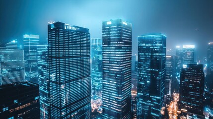 Obraz premium Night cityscape, skyscrapers illuminated in blue.