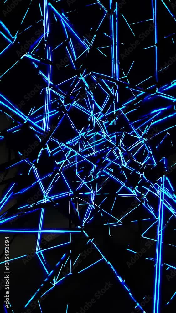 Poster dynamic video concept with intersecting blue neon lines on a black background, captured from a low-a
