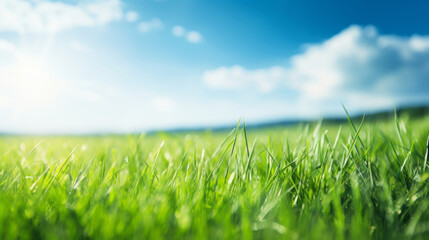 Fototapeta premium Abstract blurred spring background. Bright fresh green grass under sunny sky, springtime meadow, vibrant outdoor nature scene