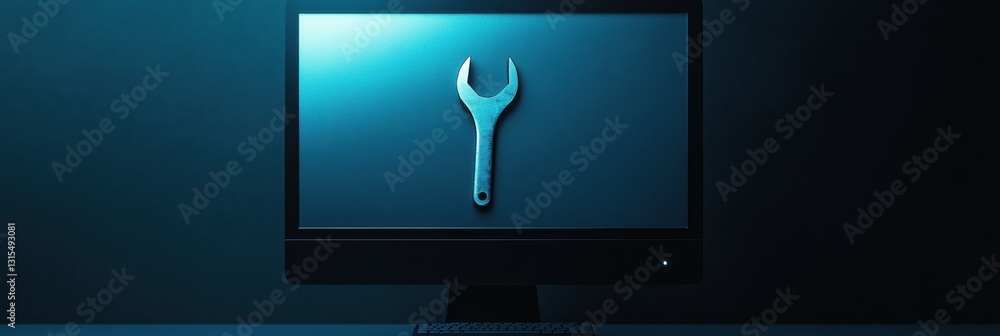 Poster monitor icon with wrench and nut overlay for computer repair and service with space for text