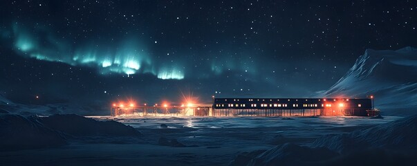 A serene nighttime photo of Amundsen-Scott South Pole Station, illuminated by soft artificial lights, with auroras dancing across the cold Antarctic sky