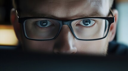 Realistic close-up of a man&rsquo;s face in deep concentration while working at his desk, with his eyes focused on a computer screen