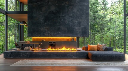 Stylish modern house design featuring a wood fireplace stove with firewood and metal accents inviting warmth and heat, complemented by elegant glasses for a cozy ambiance.