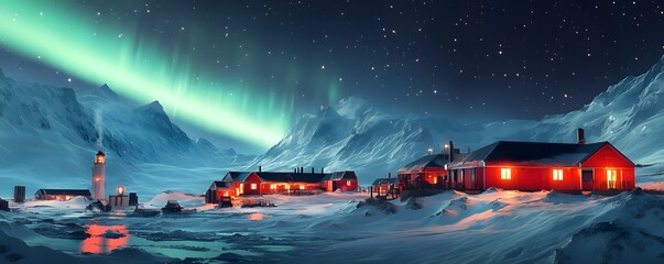 Esperanza Base at night, a cluster of red buildings glowing warmly amidst the ice, with snowy landscapes under a vivid aurora australis