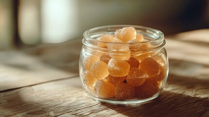 Amber-colored gummy candies in a glass jar on a wooden surface.