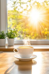 Warm Morning Coffee in White Cup with Steam on Wooden Table and Glowing Sunlight in Background