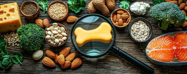 Yellow cheese in bone shape with a magnifier on a concept background highlighting osteoporosis prevention ideas and promoting healthy bone strengthening foods.