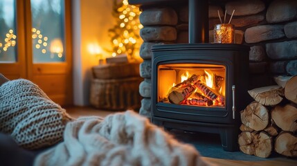 Modern house design featuring a sleek metal wood stove fireplace with vibrant firewood and warm heat complemented by stylish glasses for a cozy atmosphere.