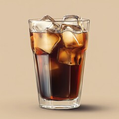 Close-up view of a glass cup filled with iced coffee and floating ice