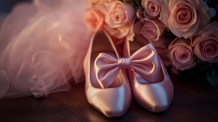 Pink satin bridal shoes with bow, roses, and veil.