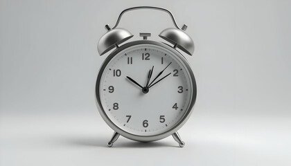 Silver Alarm Clock on White Background Showing the Time Ten Ten