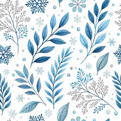 Winter vector watercolor textured blue floral seamless pattern background with branches, leaves, snowflakes on white backdrop. Festive seasonal Christmas ... 
