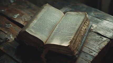 Obraz premium Ancient Book on Weathered Wooden Surface: A Timeless Tale