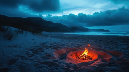 Beach bonfire at twilight.