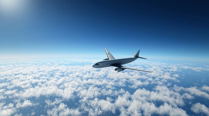 An airplane is flying high in the sky above the clouds. It has a clear blue sky behind it. The airplane is white with no markings on it.