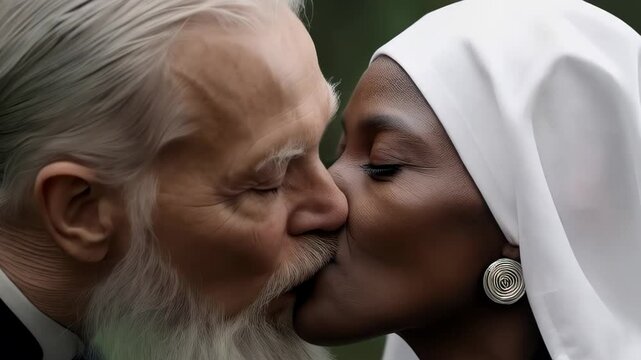 portrait of a priest and a nun kissing