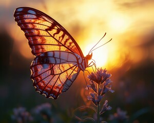 hyper-realistic butterfly macro Butterfly resting on a flower at sunset.