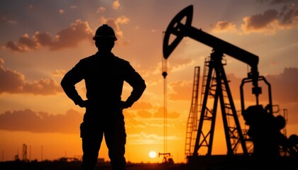 Fototapeta premium Silhouette of Oil Worker at Sunset