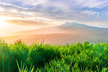 amazing green grass highland valley during sunset or sunrise with beautiful evening landscape of great mountrain and nice cloudy sky