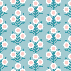 Flat seamless pattern with white wildflowers, minimalist pastel botanical design for greeting cards, invitations, packaging, stationery, stickers, home decor