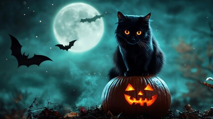 Black cat sitting on a Halloween pumpkin under a full moon with bats flying.