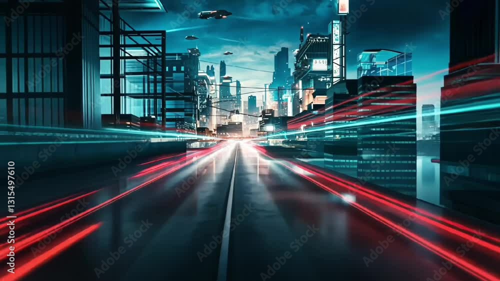 Aufkleber cyberpunk highway with light trails and motion blur effect creating a futuristic city speed and tech