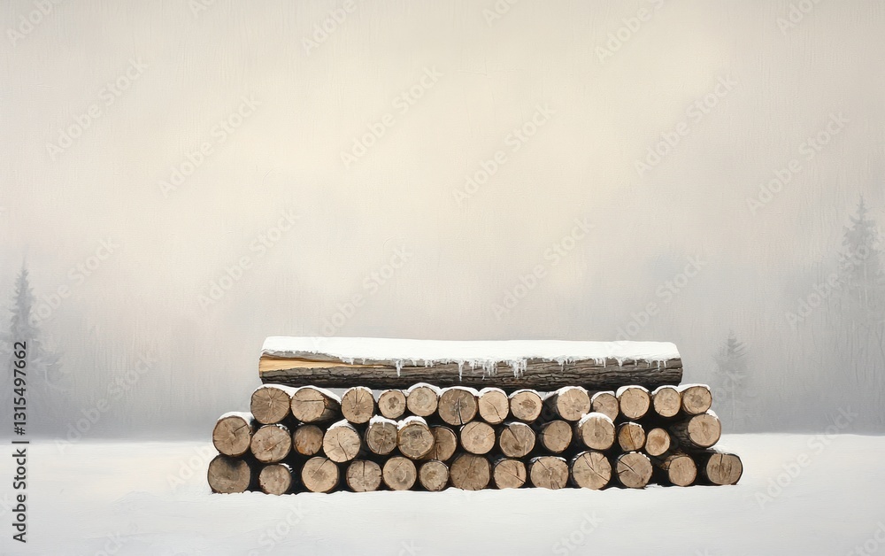 Poster a stack of logs covered in snow sits in a snowy, foggy landscape. the scene is muted in tone, with s