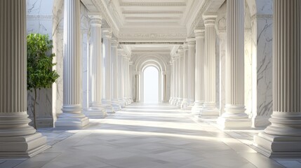Obraz premium Sunlit classical colonnade with marble floors and plant.