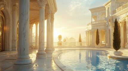Fototapeta premium Sunlit luxury villa with classical columns, pool, and manicured landscaping.