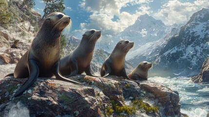 Fototapeta premium Four sea lions resting on rocks near a snowy mountain river.