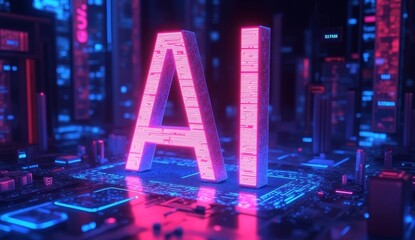 Illustration of an abstract futuristic background with digital technology and artificial intelligence concepts. The text "AI"